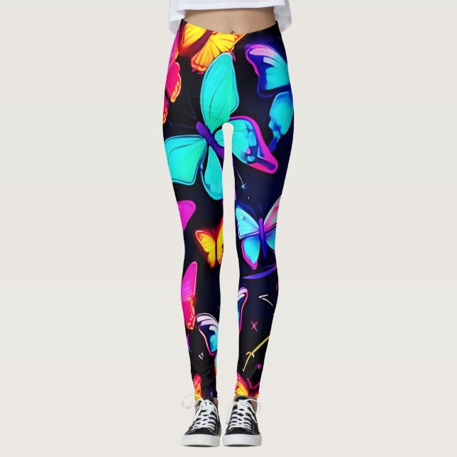 Neon Butterfly Mönster Leggings (Framsida)