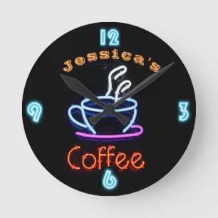 Neon CAFE COFFEE Clock Anpassningsbar Add Namn Rund Klocka