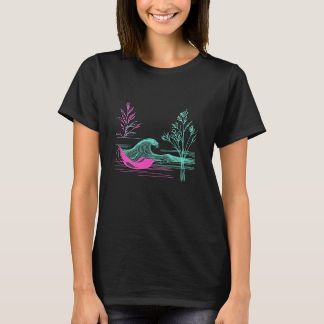NEON CALM – Retro Wave & Botanical Line Art T Shirt (Framsida)