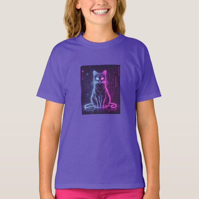 **Neon Cat Design – Glowing Futuristic Feline Art* T Shirt (Framsida)