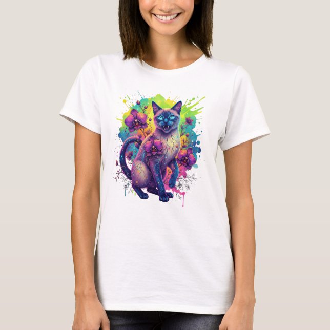 Neon Cat Fantasy Blommigt Art T Shirt (Framsida)