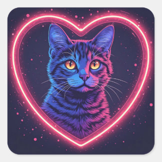 Neon Cat Heart Design – Cute Glowing Kitty Love Fyrkantigt Klistermärke