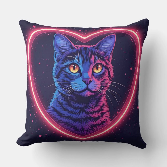 Neon Cat Heart Design – Cute Glowing Kitty Love Kudde (Framsida)