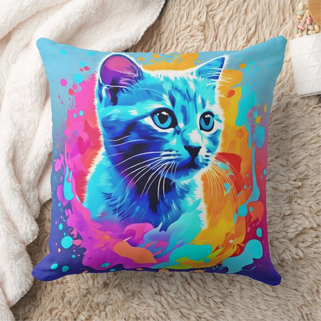 Neon Cat in Splatter Kudde (Filt)