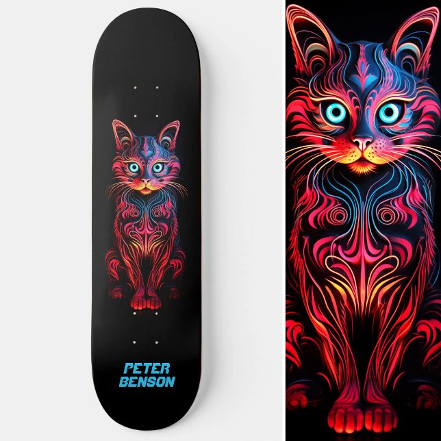Neon Cat Tribal Tattoo Art Mini Skateboard Bräda 18,5 Cm (Neon Cat Tribal Tattoo Art Skateboard)