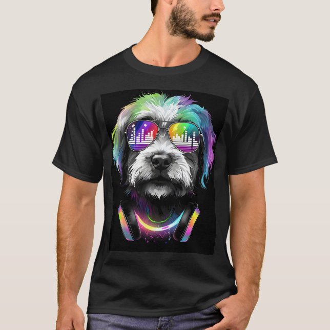 Neon Cavoodle med hörlurar Black T-Shirt (Framsida)