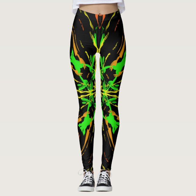 Neon Chaos, Grönt på svart bakgrund Leggings (Framsida)