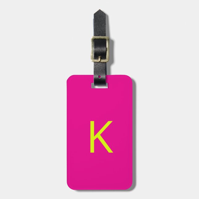 Neon Chartreuse Gul Hot Pink Monogram Skrift Bagagebricka (Vertikal Framsida)