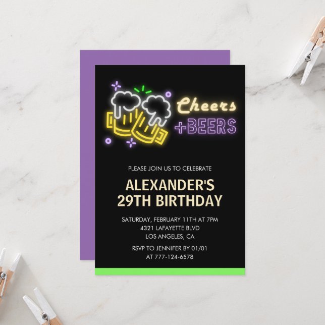 Neon Cheers Beer Black 29th birthday invitation Inbjudningar (Fram/Back In Situ)