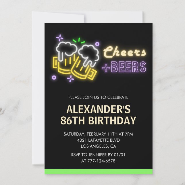 Neon Cheers Öl Kritskrifttavla 86-årsdag Inbjudningar (Framsida)