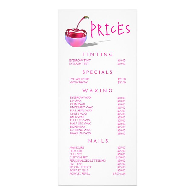 Neon Cherry Beautician Beauty Service Pris List Reklamkort (Framsidan)