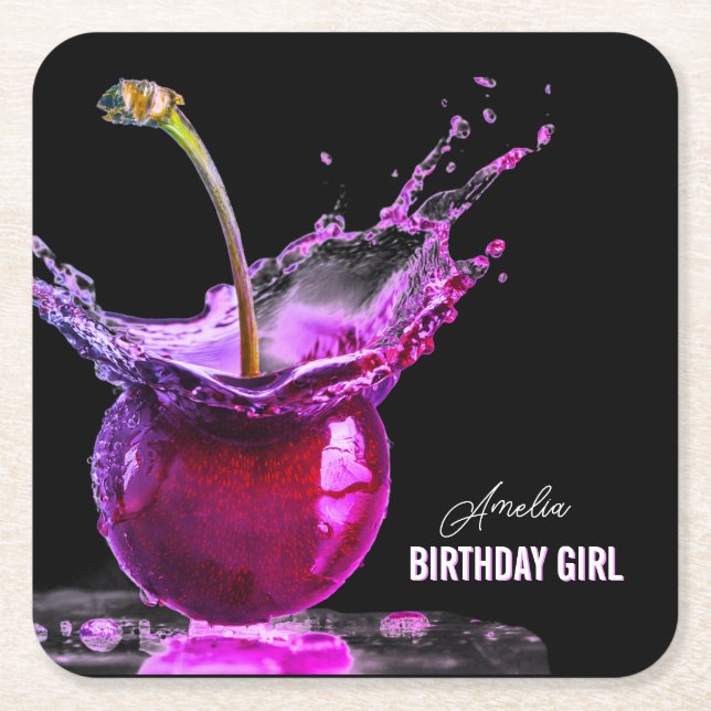 Neon Cherry Personlig Underlägg Papper Kvadrat (Framsidan)