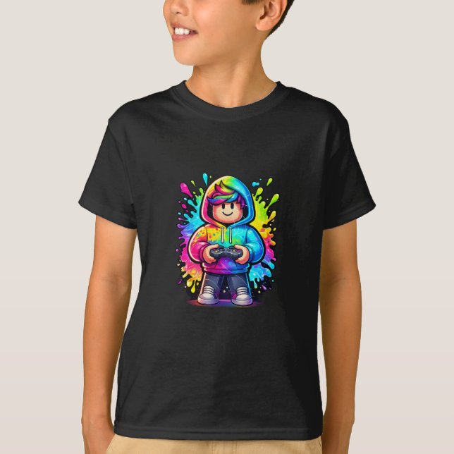 Neon Chibi Gamer Boy T-Shirt – RGB Cyberpunk (Framsida)