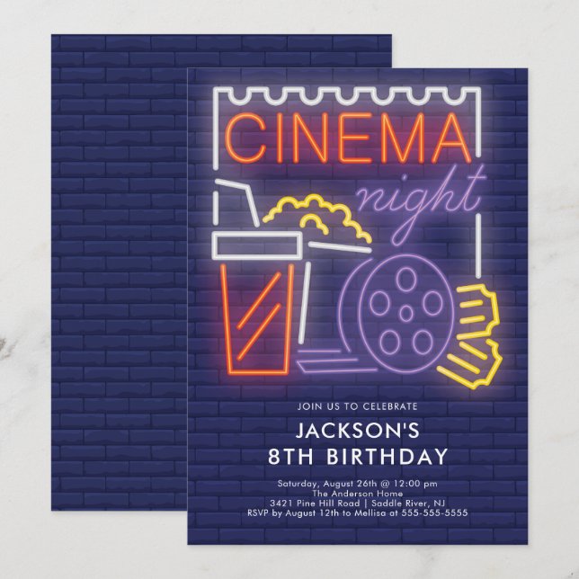 Neon Cinema Nattdag Birthday-inbjudan Inbjudningar (Fram/baksida)