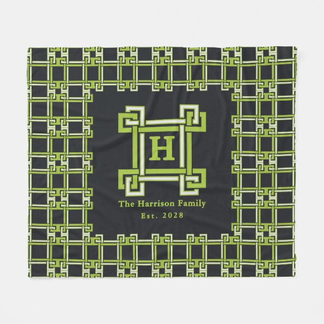 Neon Citrus Grön Svart Familj Est Monogram Fleecefilt (Framsidan (Horisontell))
