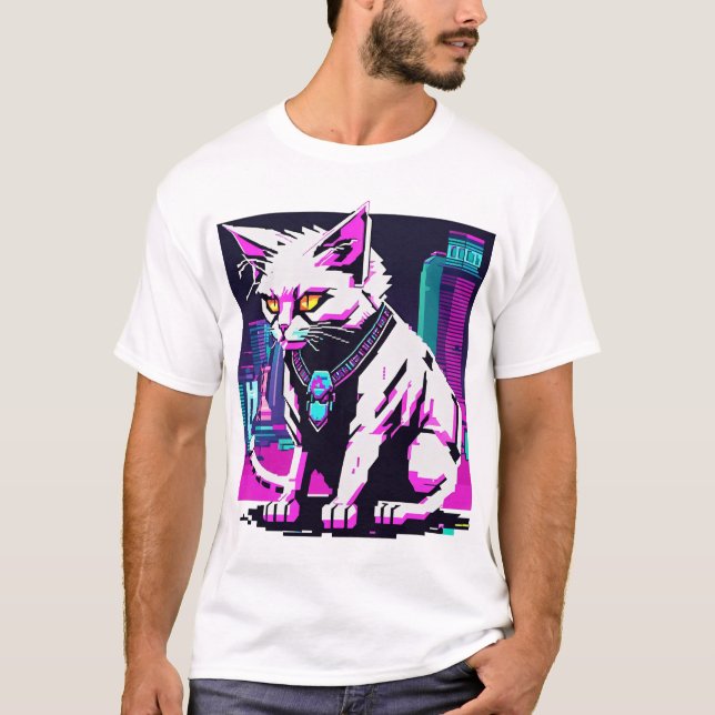 Neon City Cyberpunk Cat T Shirt (Framsida)