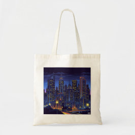 Neon City Nights - Futuristiska Skyline Art Tote B Tygkasse