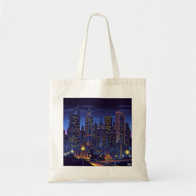Neon City Nights - Futuristiska Skyline Art Tote B Tygkasse (Framsidan)