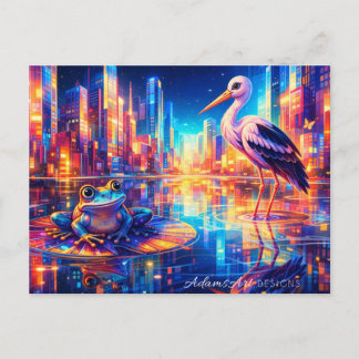Neon City Reflections: Frog and Heron Dreamscape Helg Vykort