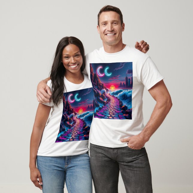 Neon City Skyline Pathway & Sunset T-Shirts (Unisex)