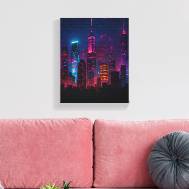 Neon City Skyline: Retro-Futurism Canvastryck (Insitu (Vardagsrum))