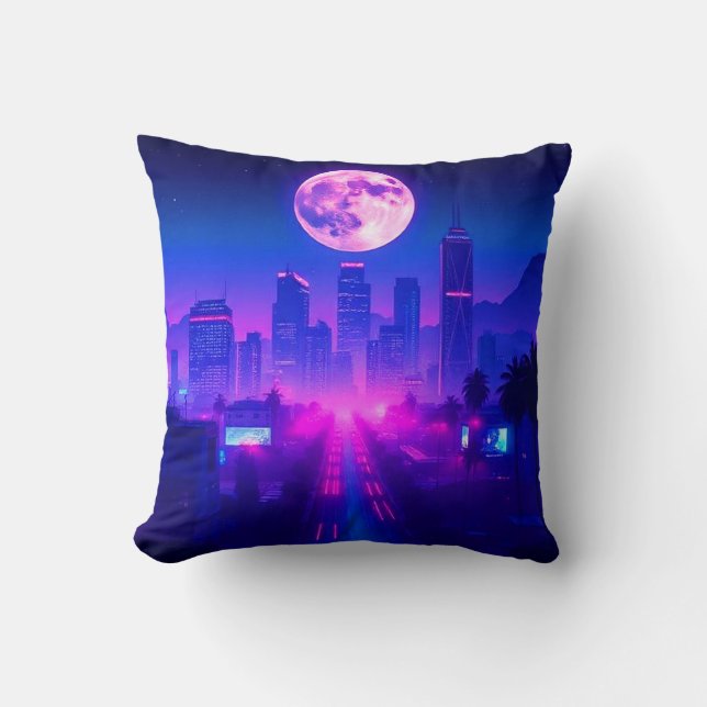 Neon City Synthwave Solnedgång XL Matta Kudde (Framsida)