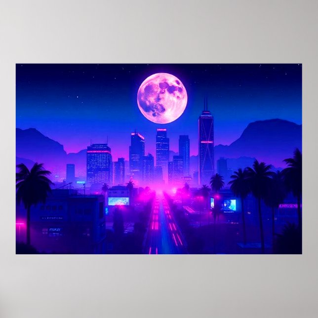 Neon City Synthwave Solnedgång XL Matta Poster (Framsidan)