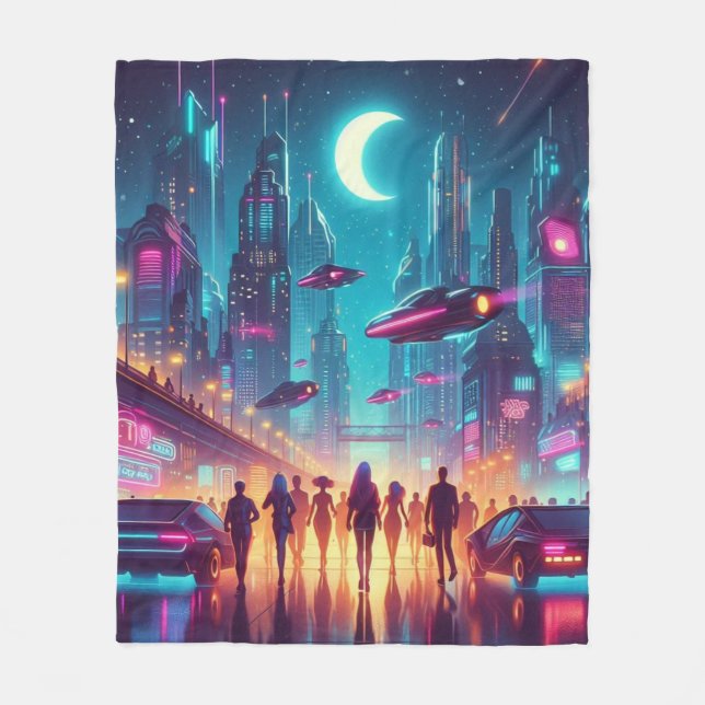 Neon Cityscape Fleecefilt (Framsidan)