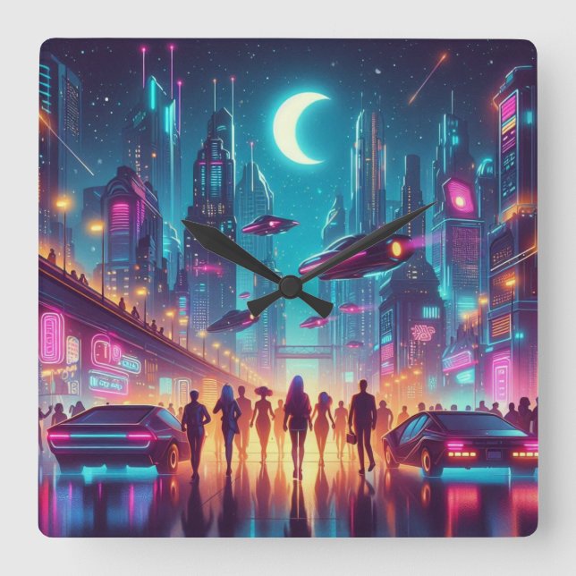 Neon Cityscape Fyrkantig Klocka (Framsida)