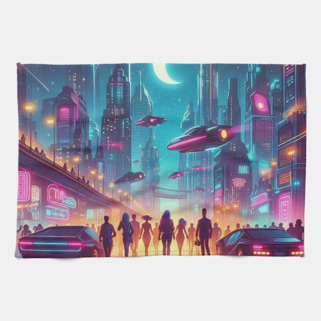 Neon Cityscape Kökshandduk (Horisontell)