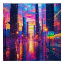 Neon Cityscape Reflection at Sunset Futuristiska