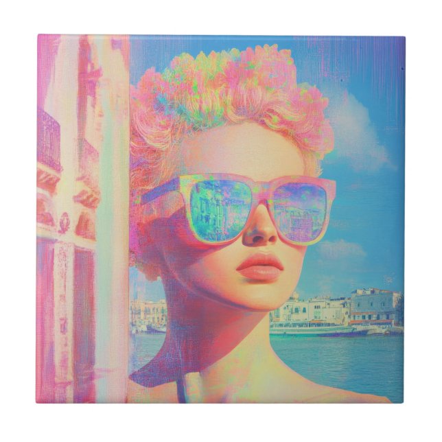 Neon Coastal Beauty med solglasögon Kakelplatta (Framsidan)
