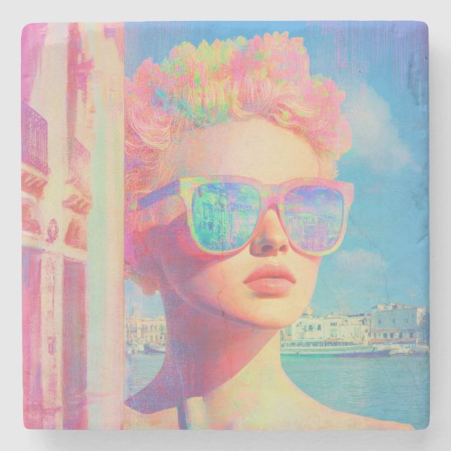 Neon Coastal Beauty med solglasögon Stenunderlägg (Framsidan)