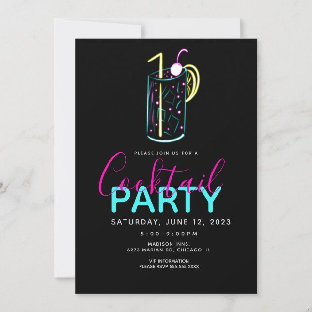 Neon Cocktail Mojito Konstfest Invitation Inbjudningar (Framsida)