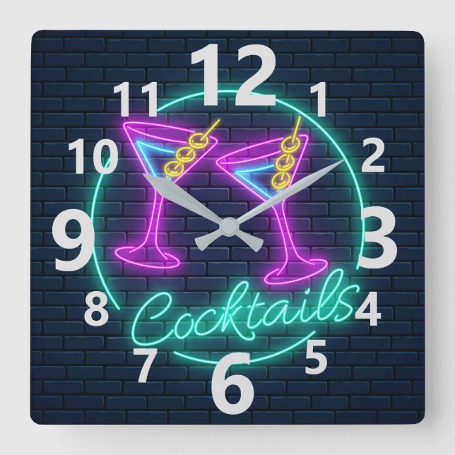 Neon Cocktails Sign Fyrkantig Klocka (Framsida)