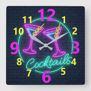 Neon Cocktails Sign Square Wall Clock Fyrkantig Klocka