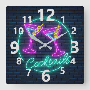 Neon Cocktails-tecken Fyrkantig Klocka