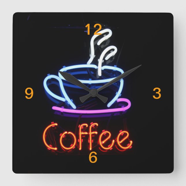 Neon Coffee Sign on Black Fyrkantig Klocka (Framsida)