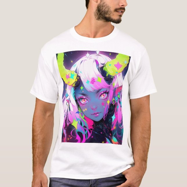 Neon Colorful Kawaii Demon Anime Girl T Shirt (Framsida)