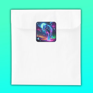 Neon Colorful Måne och Panther HoloGraph Neon Colo Fyrkantigt Klistermärke