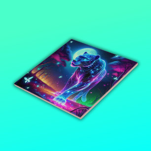 Neon Colorful Måne och Panther HoloGraph Neon Colo Kakelplatta