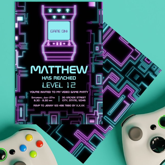 Neon Colorful Retro Arcade Kid Gamer Birthday Inbjudningar (Cool Neon Retro Arcade Gaming Level Unlocked Kids Invitation)