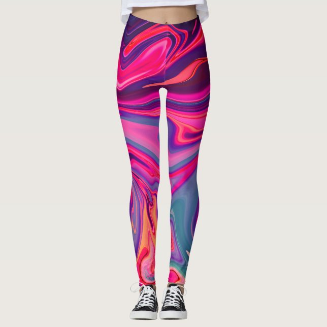 Neon Colorful Rosa Blue Liquid Marble Abstrakt Leggings (Framsida)