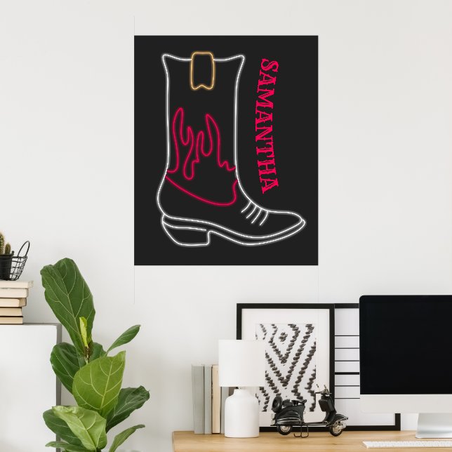 Neon Cowboy Boot Anpassade Namn Poster (Hemmakontoret)