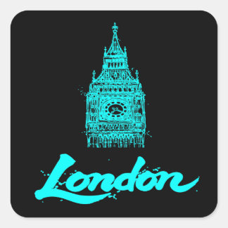 Neon Cyan London Big Ben Skiss Modern Svart Fyrkantigt Klistermärke