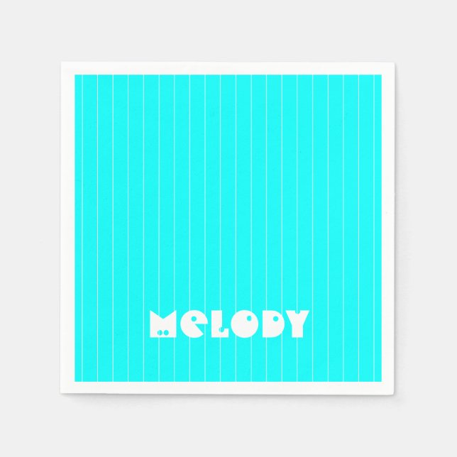 Neon Cyan White Thin Lodrät Stripe Namn Pappersservett (Framsidan)
