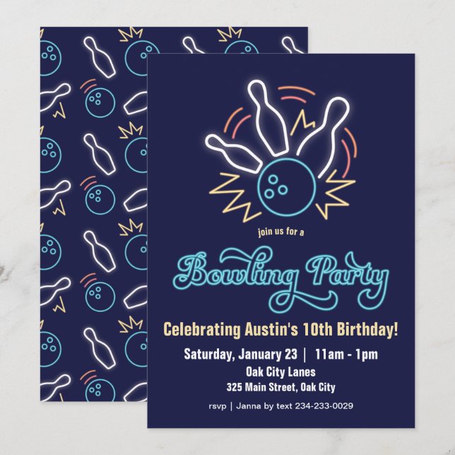 Neon Cyber Bowling Birthday-inbjudan Inbjudningar (Fram/baksida)