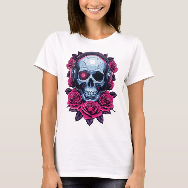 Neon Cyber Death Skull och Ro White T Shirt (Framsida)