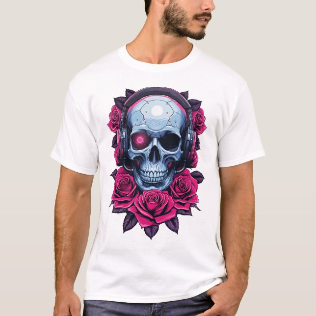 Neon Cyber Death Skull och Ro White T Shirt (Framsida)