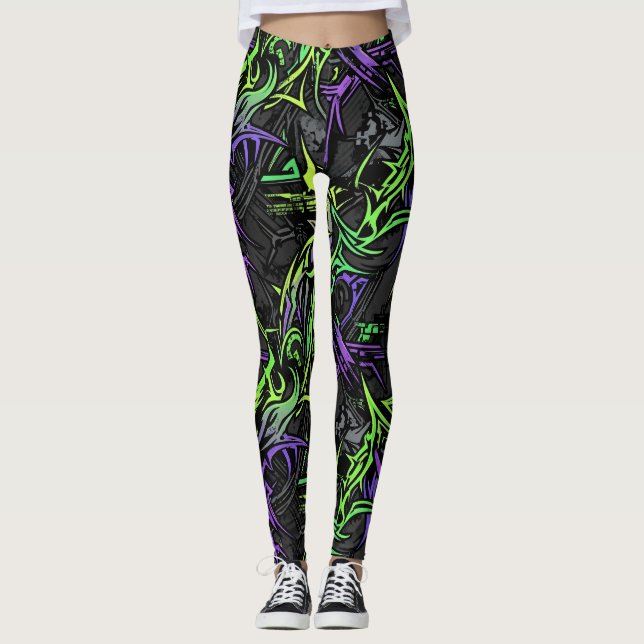 Neon Cyber: Elektrisk Grön och Lila Leggings (Framsida)